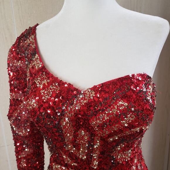 Scala red gold sequined mini body con dress one shoulder cocktail formal size 8 - Picture 6 of 12
